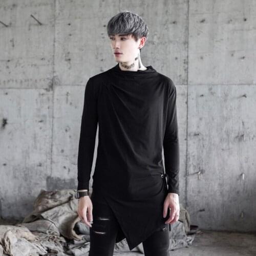 Men irregular design hip hop long sleeve t shirt side split streetwear men harajuku nightclub DJ punk rock slim long tee shirts