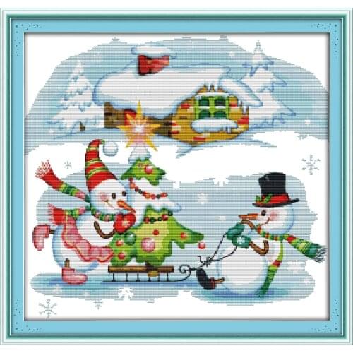 Joy sunday cartoon style Christmas snowman stamped fabric cross stitch pattern needlepoint kits for home decoration