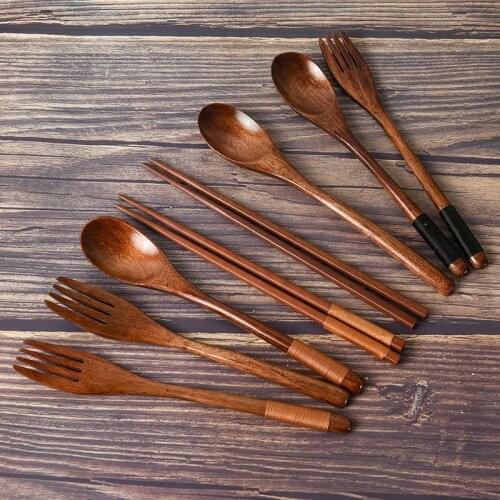 Natural Wood 3-piece Tableware Solid Wood Long Handle Spoon Chopsticks Fork Portable Handmade Household Tableware Non-slip
