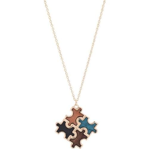 Contrast Color Wood Puzzle Necklace Geometric Design Alloy Wood Combination Pendant Necklace for Women Vintage Wild Accessories