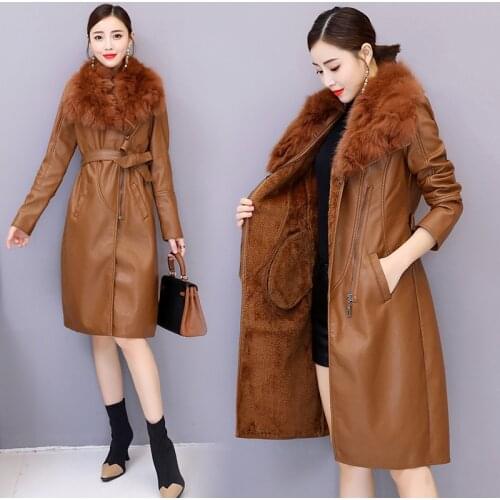 Coat Women Winter Loose Long PU Sashes Leather Jacket Warm Artifical Fur Collar Manteau Oversized Hiver Chaqueta Cuero Mujer