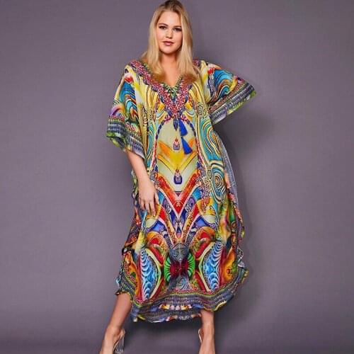 Beach Cover up Tunics for Beach Print Long Kaftan Bikini Cover up Robe de Plage Sarong