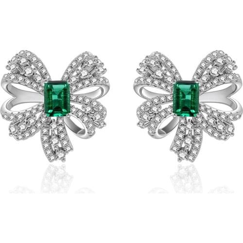 Handmade Bowknot Emerald Diamond Stud Earring 100% Real 925 sterling silver Jewelry Engagement Wedding Earrings for Women Gift