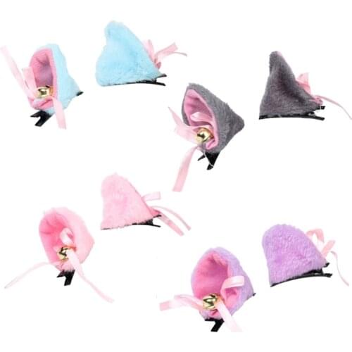 Cat Ears Hair Clips with Bell Ribbon Bowknot Lovely Anime Lolita Fluffy Plush Duckbill Hairpins Cosplay Party Barrettes