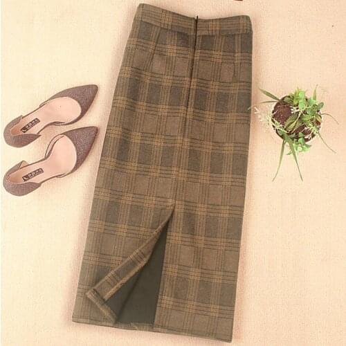 Woolen plaid skirts women 2020 Split warm thick pencil step skirts