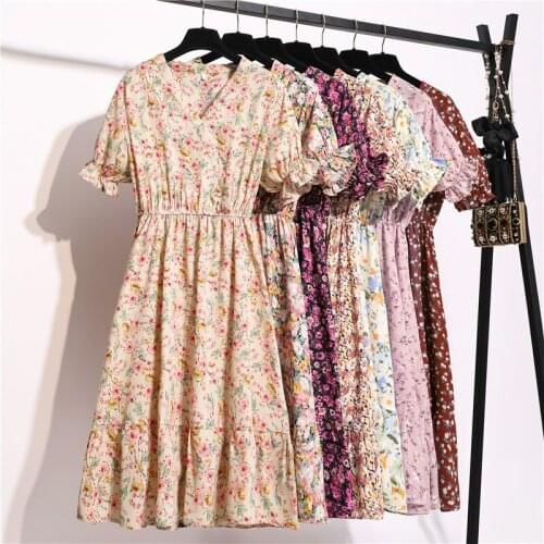 Chiffon Dress Fashion Female Short Sleeve Vintage Printed Floral Casual Dresses V-neck A-line Vestidos 2020 Summer Dresses Women