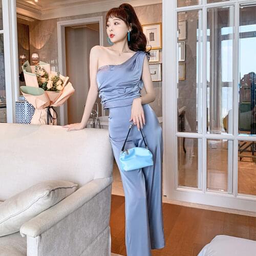 Fashion Women Satin Elegant Vintage Party Club Sexy One-Shoulder Folds Short Top Shirt Blouse Loose Wide Leg Pants 2 Pieces Set