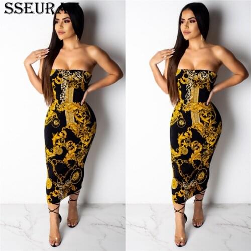 SSEURAT Women Maxi Dress Print Sleeveless Strapless Sheath Elastic Midi Dresses Sexy Fashion Vestidos