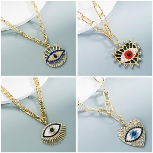 Rhinestone Crystal Evil Eye Necklace For Women Demon Eye Metal Chain Choker Heart-Shaped Pendant Statement Jewelry Gifts