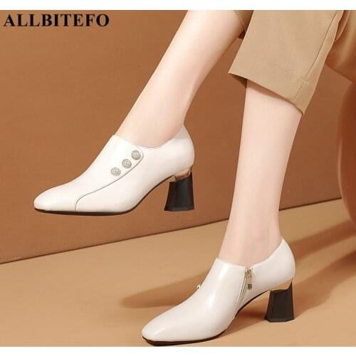 ALLBITEFO Size 33-42 Square Toe Button Design Genuine Leather High Heel Shoes Spring Fashion Work Office Women Heels Shoes Pumps
