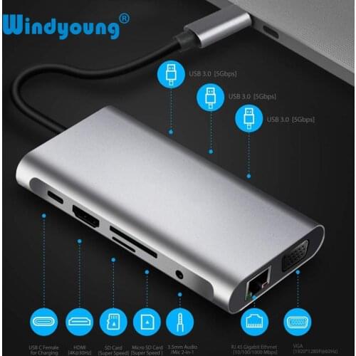 10 in 1 USB Type C HUB to USB 3.0 VGA HDMI RJ45 USB HUB For MacBook Pro Accessories USB Splitter Multiport Type C HUB USB-C Dock