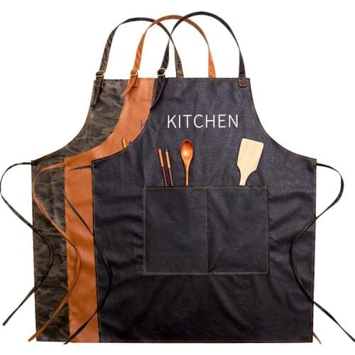 PU Leather Waterproof Cooking Baking Pocket Coffee Pinafore Women Men Apron For Kitchen Accessories Cafe Shop House Cleaning Bib