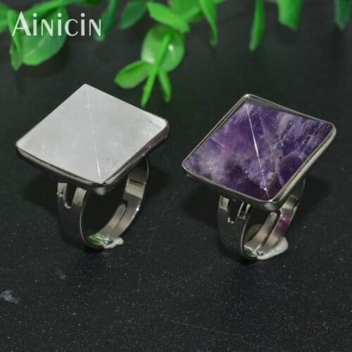 High Quality Natural Genuine Amethyst White Crystal Pyramid Geometry Shape Adjustable Ring For Women party Jewelry 5pcs