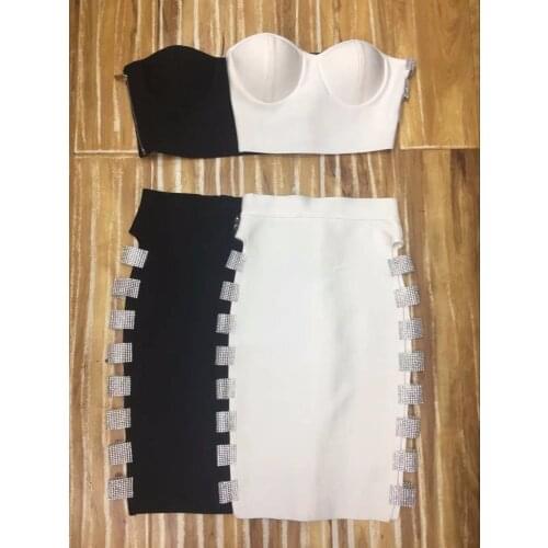 Top Quality Celebrity Black White 2 Pieces Set Side Hollow Out Rayon Bandage Dress Party Fashion Dress