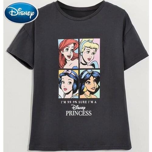 Disney Princess Snow White Cinderella Ariel Jasmine Cartoon Letter Print Chic Women T-Shirt O-Neck Pullover Short Sleeve Tee Top