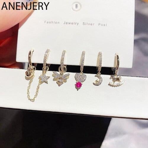 ANENJERY Shiny Moon Star Honeybee Animal Love Heart Hoop Earrings for Women 6-piece Earrings Set Christmas Jewelry Gifts S-E1281