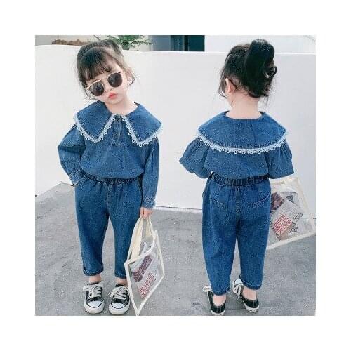 3-7 year old girl baby solid color lace denim two-piece suit spring season new Korean fashion denim suit children clothing tide