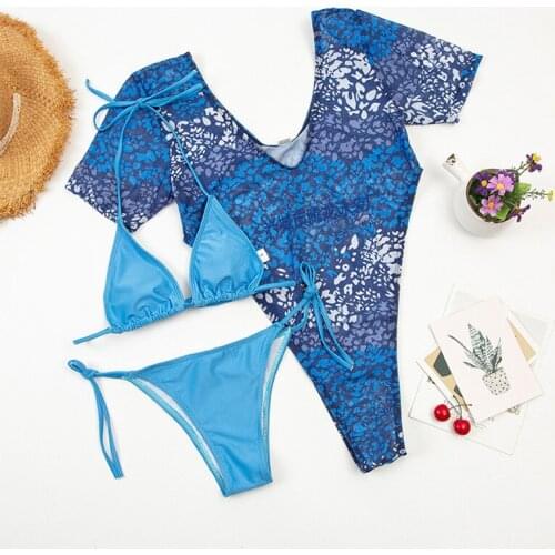 Womens 3Pcs Bikinis Set Blue Swimming Suit Push Up Halter Bandage Bathing Suit with Mesh Short Sleeve Bodysuit Smock Beachwear