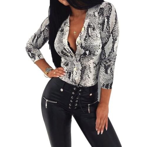 Women Leopard Snakeskin Prinetd Bodysuits Lady Girls Female Casual Jumpsuit Bodysuit Slim V Neck Leotard Fashion Slim Outfits