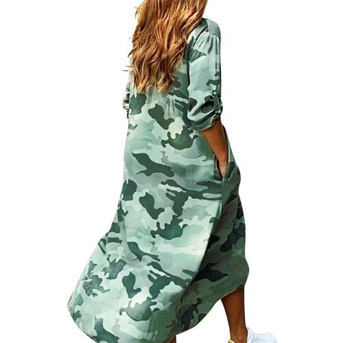 2021 New Fashion Women Shirt Dress Sequins Pocket Lapel Long Dresses Button-down Camouflage Chain Print Long Sleeve Maxi Dress