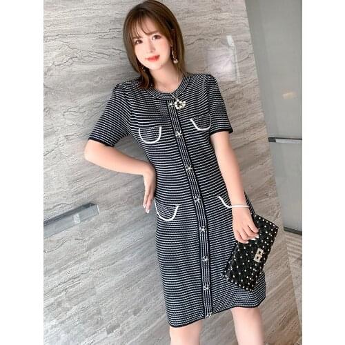 High quality Womens mixed woven single breasted knitted dress with diamond 2021 summer new pattern