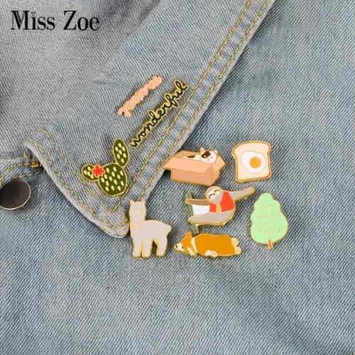 Corgi Sloth Alpaca Cat Enamel Pin Toast Cactus Tree Merci badge brooch Lapel pin Denim Jeans shirt bag Cartoon Jewelry Gift