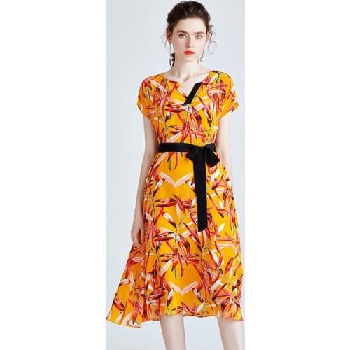 Golden Leaves Floral Silk Dresses Women Fashion 2021 Summer Long Casual Sexy Office Work Daily Dress Plus Size Slim Fit A Line