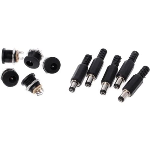 5 Pcs 5.5mm x 2.1mm Male DC Power Plug Connector+5 Pcs Screw Lock Female Panel Socket Mount Adapter
