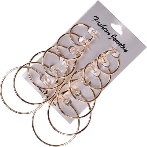 6 Pair/set Hot Sale Gold/Silver Color Big Circle Hoop Earrings for Women Steampunk Ear Clip Party Jewelry Accessories Gift