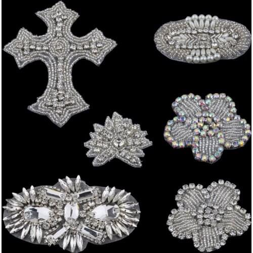 20PC Handmade Bling Beaded Rhinestone Applique Sew On Manual Flatback Crystal Flower Cloth Applique for Dresses Craft Supplies