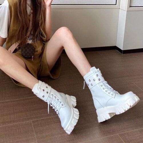 Martin Boots Women Genuine Leather Thick Bottom Shoes Lace Up Buckle Decor Platform Shoes Ankle Boots Luxury Brand Designer Shoe