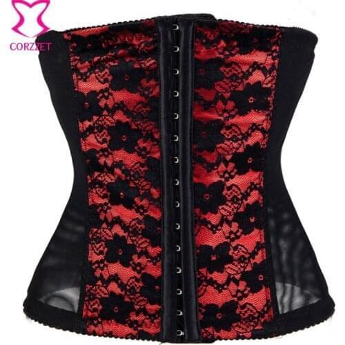 Black Stretch Mesh & Floral Lace Bustier Steel Boned Waist Trainer Corset Underbust Gothic Lingerie Sexy Corsets and Bustiers