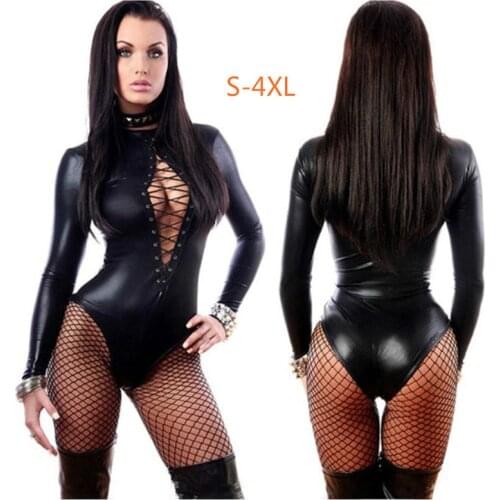 Erotic sexy latex bondage bodysuit Sexi Teddy underwear female breasts exposed jumpsuit clothes leather clothes