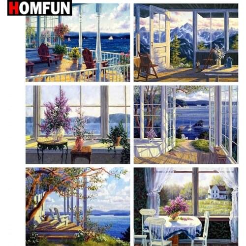 HOMFUN Paint With Diamond Embroidery "Window Sea View Room" Diamond Painting Full Square Round Picture Of Rhinestone Decor