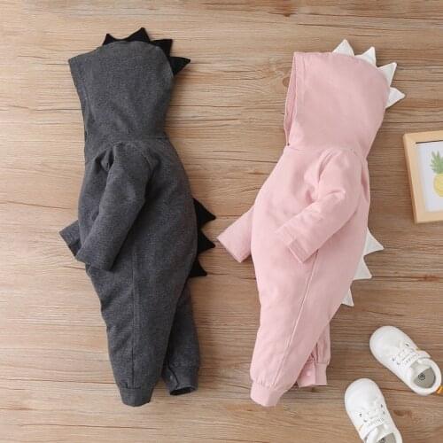 Winter Autumn Cotton Baby Girl Clothes Solid Cute 3D Dinosaur Long Sleeve Hooded Baby Romper Home Soft Warm Baby Jumpsuit 0-18M