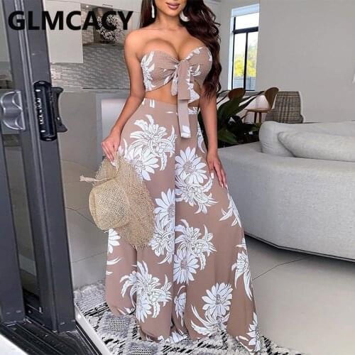 Women Floral Printed Tube Jumpsuit Tie Front Frill Hem Cutout Long Overalls Wide Leg Jumpsuits