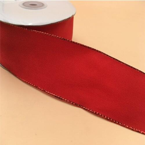 38MM 25yards Wired Edge Red Taffeta Ribbon with Gold Lurex Edge for Festival Christmas Decoration New Year Gift Wrapping