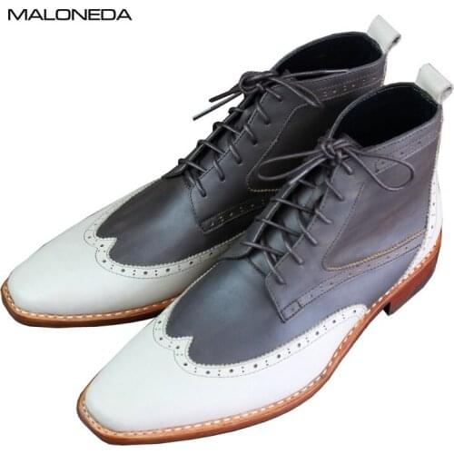 MALONEDE Bespoke Handmade Mixed Color Italian Brogue Style Genuine Cow Leather Lace Up Short Boots With Goodyear Welted For Male