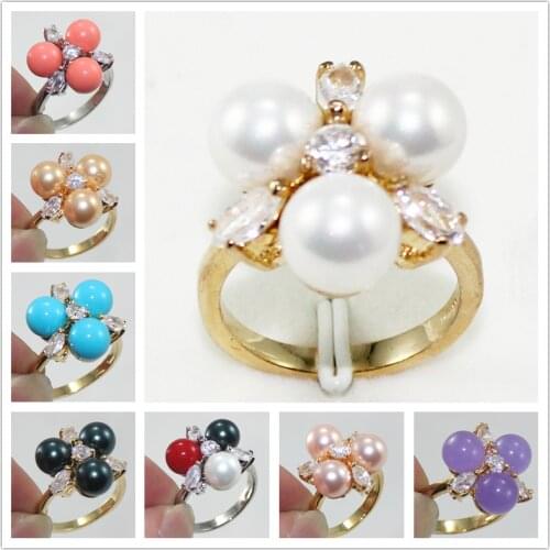 Fashion 18K Gold Plated 8mm South Sea Shell Pearl /Jade Ring Women Rings