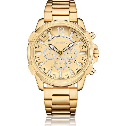 Cagarny Top Brand Men Golden Stainless Steel Watch Mens Fashion Business Quartz XFCS Male Wristwatch Relogio Masculino Clock