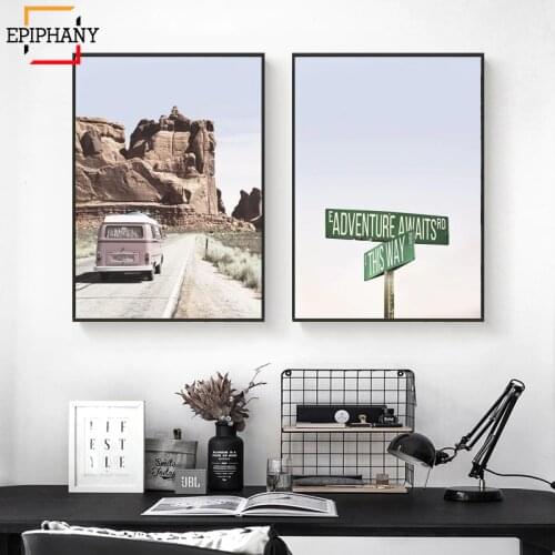 Bus Wall Art Canvas Painting Adventure Awaits Travel Posters and Prints Nordic Canvas Art Boho Wall Pictures for Living Room