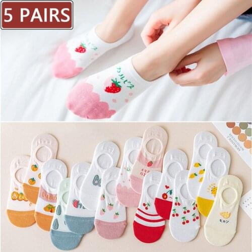 10 pieces=5 pairs Women Cotton invisible Socks Slipper Summer Thin Fruit Print Boat Socks Female Silicone No show Socks Non-slip