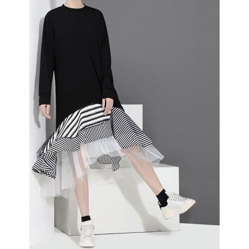 New Korean Womens Dress Loose and Thin Skirt Ruffled Chiffon Dress Irregular Striped Dress Clothing Women