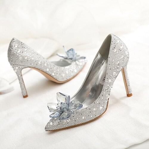 Spring new pointed crystal stiletto bridal wedding shoes silver large size small size banquet dress all-match womens single shoe