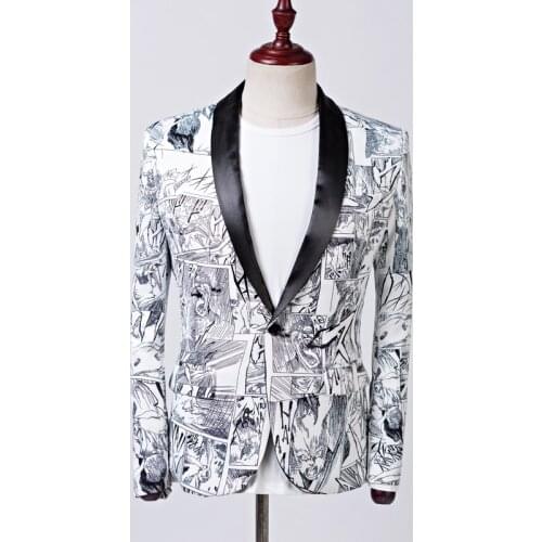 New Mens Printed Colorful Suit Studio Host Mans Shawl Collar Suit Stage Shawl Collar Suit Black Collar Suit Party Blazer