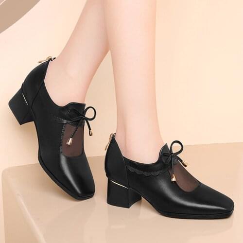 Genuine Leather shoes new coarse shoes spring autumn 2021 womens shoes Square Toe High heel mesh mid heel Breathable Pumps