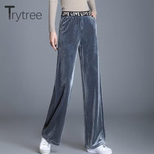 Trytree 2020 Autumn Pants Women Casual Loose Velvet Wide Leg Pants Fashion Letter Elastic Waist Pockets Hip Hop Womens Pants