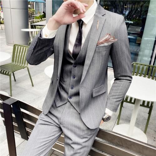 Blazers Jacket Pants Vest 3 Pieces Set / Fashion New Mens Casual Stripe Business Groom Wedding Suit Coat Trouses Waistcoat