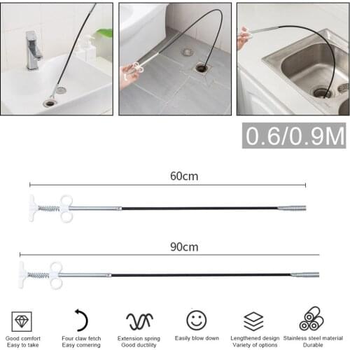 60/90cm Sewer Artifact with Catch Hook Wire Spring Tool Kitchen Pipe Foreign Body Gripper Dredge for Kitchen Bathroom Toilet Tub
