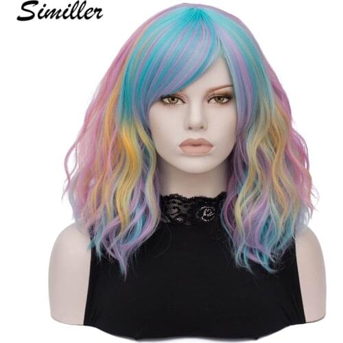 Similler Short Rainbow Wigs for Women Curly Hair Cosplay Synthetic Wig with Bangs Heat Resistance Fiber Multicolor